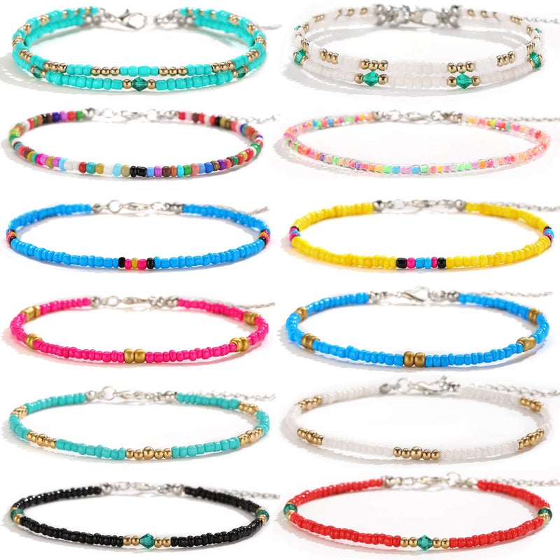 XIJIN 12Pcs Handmade Beaded Anklets for Women Boho Colorful Beads Ankle Bracelets Adjustable Foot Anklet Set - Image 1